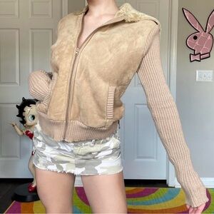 Say What? Y2K fur lined tan ribbed bomber hoodie